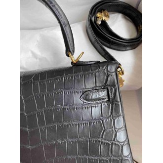 Hermes Kelly Sellier 25 Handmade Bag In Black Crocodile Niloticus Matte Skin