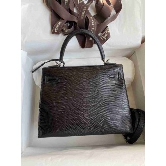 Hermes Kelly Sellier 25 Handmade Bag In Black Lizard Leather