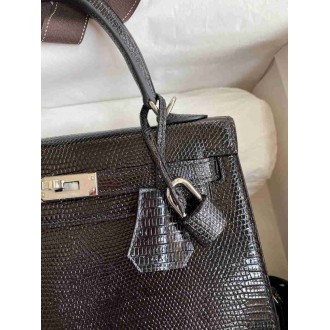 Hermes Kelly Sellier 25 Handmade Bag In Black Lizard Leather