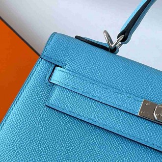 Hermes Kelly Sellier 25 Handmade Bag in Blue Azteque Epsom Calfskin