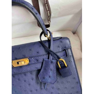 Hermes Kelly Sellier 25 Handmade Bag In Blue Iris Ostrich Leather