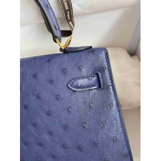 Hermes Kelly Sellier 25 Handmade Bag In Blue Iris Ostrich Leather
