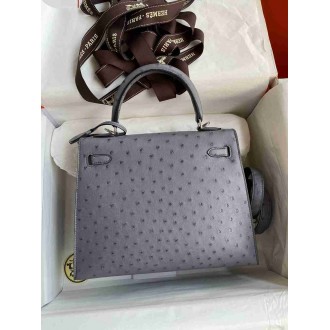 Hermes Kelly Sellier 25 Handmade Bag in Gris Agate Ostrich Leather