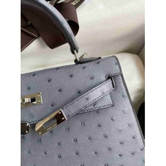 Hermes Kelly Sellier 25 Handmade Bag in Gris Agate Ostrich Leather