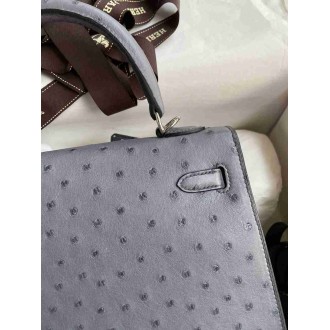 Hermes Kelly Sellier 25 Handmade Bag in Gris Agate Ostrich Leather