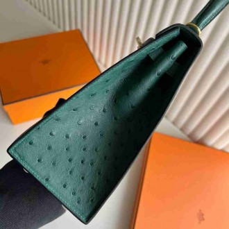 Hermes Kelly Sellier 25 Handmade Bag in Malachite Ostrich Leather