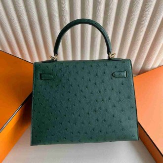 Hermes Kelly Sellier 25 Handmade Bag in Malachite Ostrich Leather