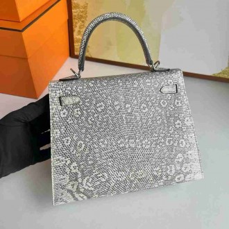 Hermes Kelly Sellier 25 Handmade Bag in Natural Lizard Skin