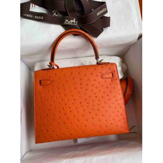 Hermes Kelly Sellier 25 Handmade Bag In Orange Ostrich Leather