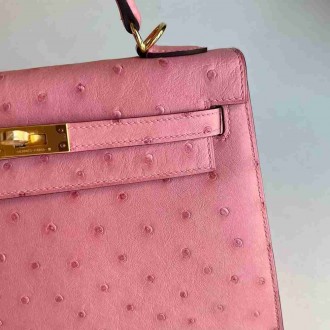 Hermes Kelly Sellier 25 Handmade Bag in Rose Bubblegum Ostrich Leather