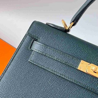 Hermes Kelly Sellier 25 Handmade Bag in Vert Cypres Epsom Calfskin