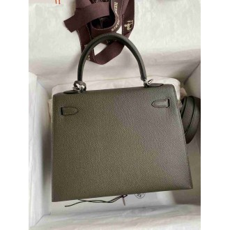 Hermes Kelly Sellier 25 Handmade Bag In Vert De Gris Epsom Calfskin