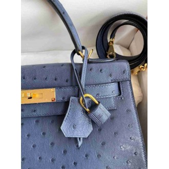 Hermes Kelly Sellier 28 Handmade Bag in Blue de Malte Ostrich Leather