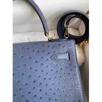Hermes Kelly Sellier 28 Handmade Bag in Blue de Malte Ostrich Leather