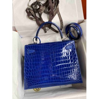 Hermes Kelly Sellier 28 Handmade Bag in Blue Electric Niloticus Crocodile Shiny Skin