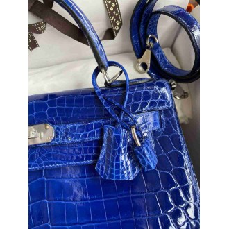 Hermes Kelly Sellier 28 Handmade Bag in Blue Electric Niloticus Crocodile Shiny Skin