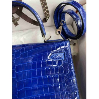 Hermes Kelly Sellier 28 Handmade Bag in Blue Electric Niloticus Crocodile Shiny Skin