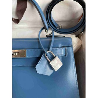 Hermes Kelly Sellier 28 Handmade Bag in Blue Jean Box Calfskin