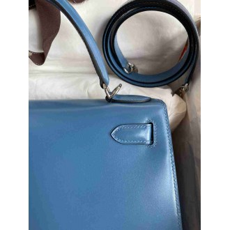 Hermes Kelly Sellier 28 Handmade Bag in Blue Jean Box Calfskin