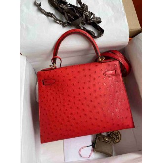 Hermes Kelly Sellier 28 Handmade Bag In Red Ostrich Leather