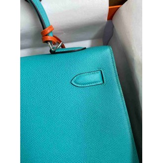 Hermes Kelly Sellier 32 Handmade Bag in Blue Paon Epsom Calfskin