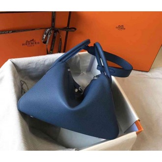 Hermes Lindy 30cm Bag In Blue Agate Clemence Leather