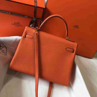Hermes Orange Clemence Kelly 32cm Retourne Bag