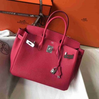 Hermes Rose Red Clemence Birkin 30cm Bag