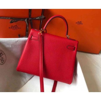 Hermes Red Clemence Kelly 25cm GHW Bag
