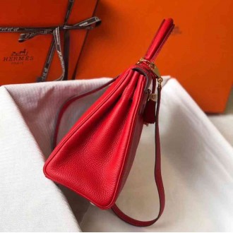Hermes Red Clemence Kelly 25cm GHW Bag
