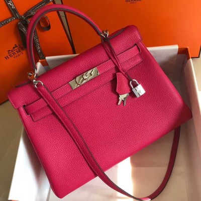 Hermes Rose Red Clemence Kelly 32cm Retourne Bag