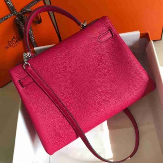 Hermes Rose Red Clemence Kelly 32cm Retourne Bag