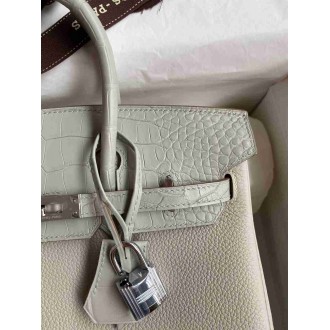 Hermes Touch Birkin 25 Bag in Pearl Grey Togo and Matte Alligator Leather