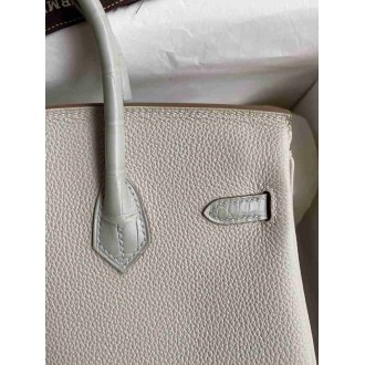 Hermes Touch Birkin 25 Bag in Pearl Grey Togo and Matte Alligator Leather