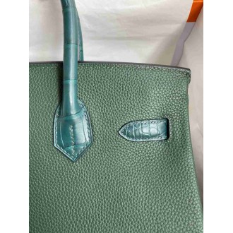 Hermes Touch Birkin 30 Bag in Green Clemence and Matte Alligator Leather