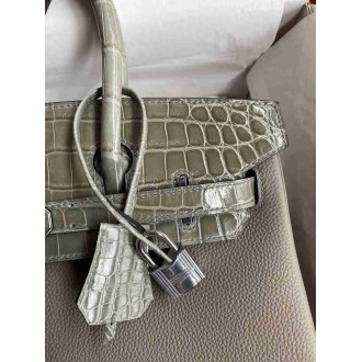 Hermes Touch Birkin 30 Bag In Gris Asphalt Clemence and Shiny Niloticus Crocodile Skin