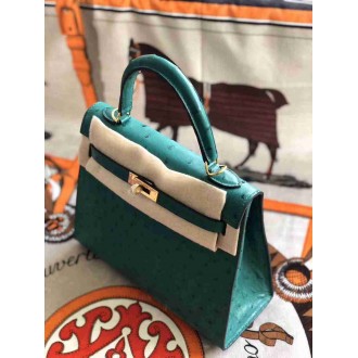 Hermes Vert Vertigo Ostrich Kelly 25cm Handmade Bag