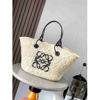 Loewe Medium Anagram Basket Bag in Iraca Palm and Black Calfskin