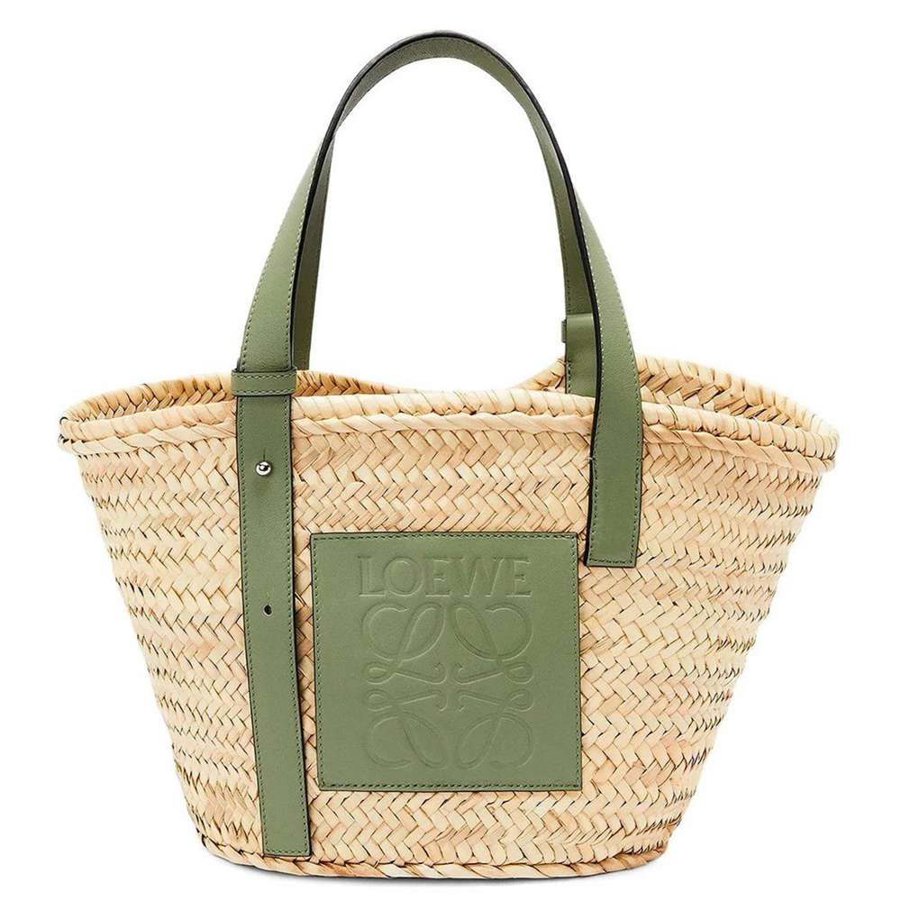 Loewe Medium Basket Bag in Raffia and Rosemary Calfskin