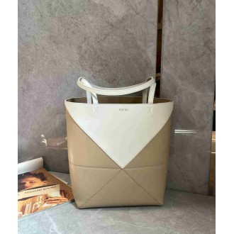 Loewe Medium Puzzle Fold Tote Bag in White/Beige Calfskin