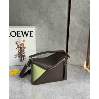 Loewe Puzzle Small Bag in Tan Suede and Chocolate Calfskin