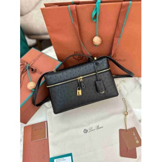 Loro Piana Extra Bag L27 in Black Ostrich Embossed Leather