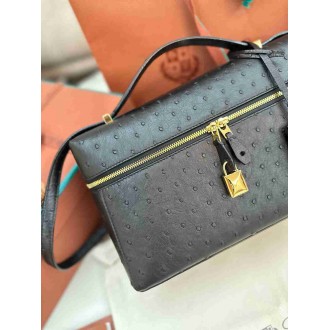 Loro Piana Extra Bag L27 in Black Ostrich Embossed Leather