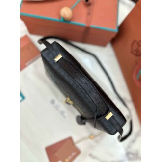 Loro Piana Extra Bag L27 in Black Ostrich Embossed Leather