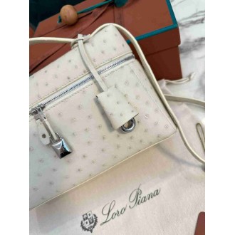 Loro Piana Extra Bag L27 in White Ostrich Embossed Leather