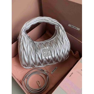 Miu Miu Wander Hobo Bag in Silver Matelasse Leather