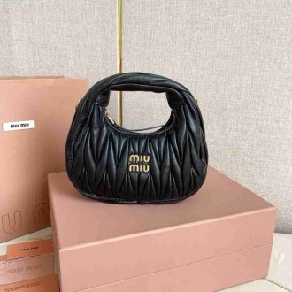 Miu Miu Wander Hobo Mini Bag in Black Matelasse Leather