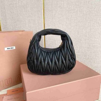Miu Miu Wander Hobo Mini Bag in Black Matelasse Leather