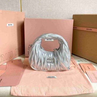 Miu Miu Wander Hobo Mini Bag in Silver Matelasse Leather
