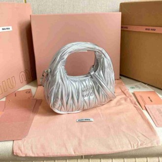 Miu Miu Wander Hobo Mini Bag in Silver Matelasse Leather